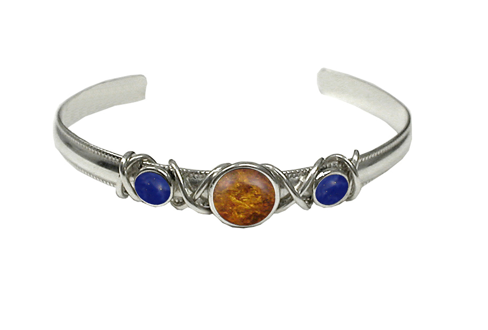 Sterling Silver Cuff Bracelet With Amber And Lapis Lazuli